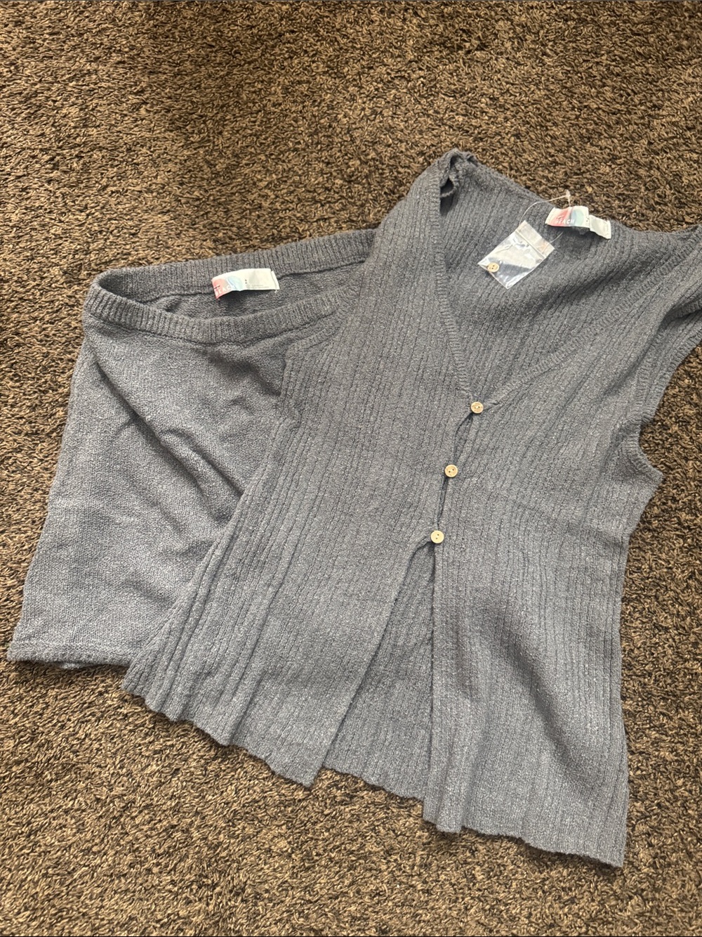 FP beach Ribbed Knit Gray Women's Skirt Set - Sleeveless Button Cardigan & Skirt